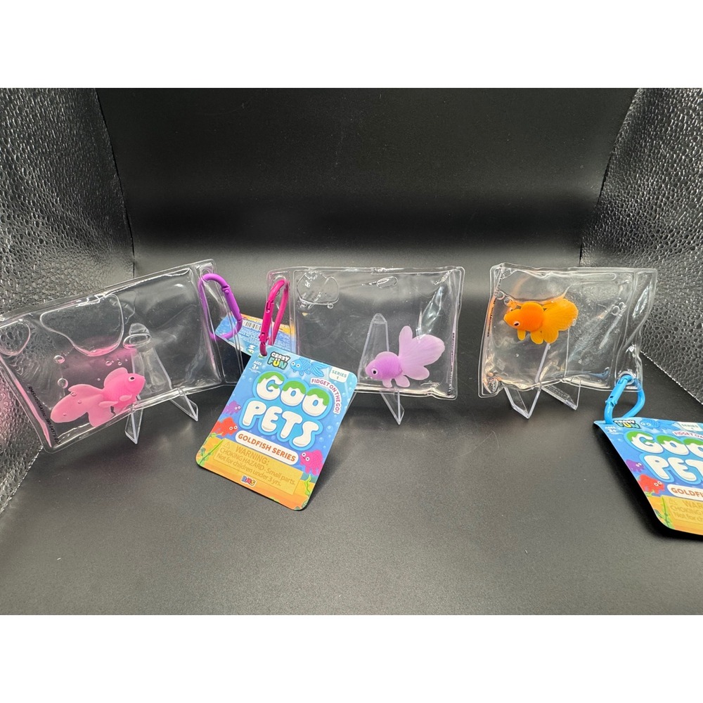 Crazy Fun Goo Pets Goldfish Series 1 Fidget Clip On Set of 3 Pink Purple Orange